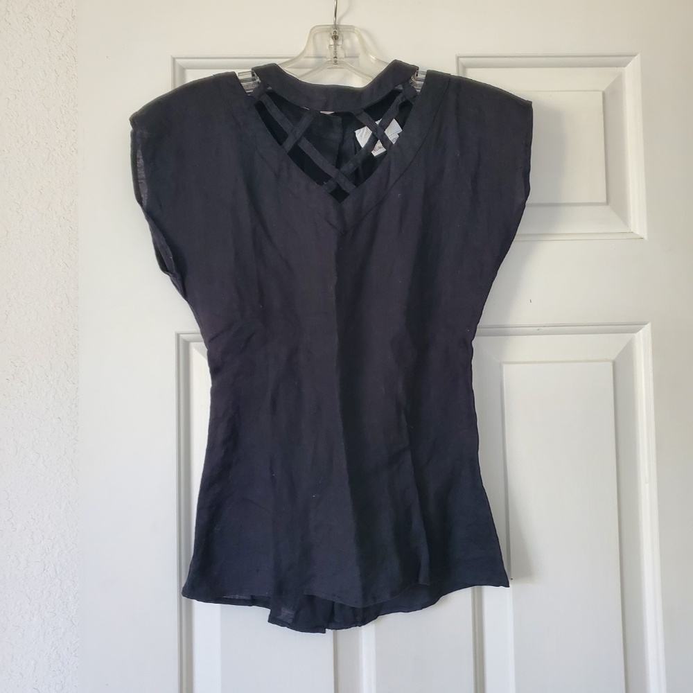Vintage Judith Green For Neiman Marcus Cut Out Fitted Linen Cap Sleeve Top 2